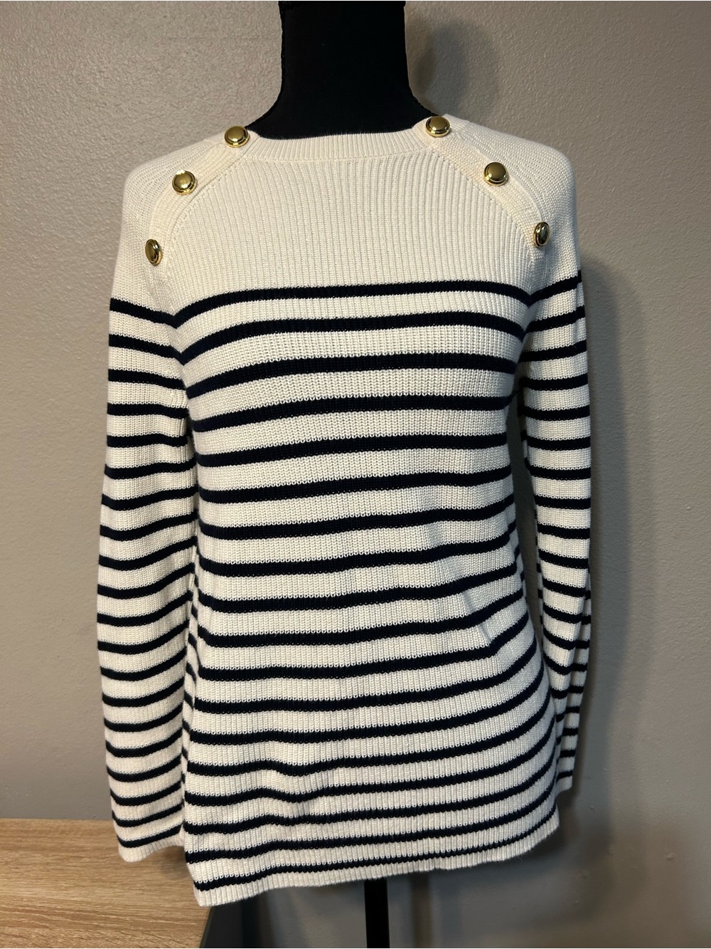 Talbots Petite MP Pima Cotton Mariner Stripe Sweater Gold Buttons Nautical